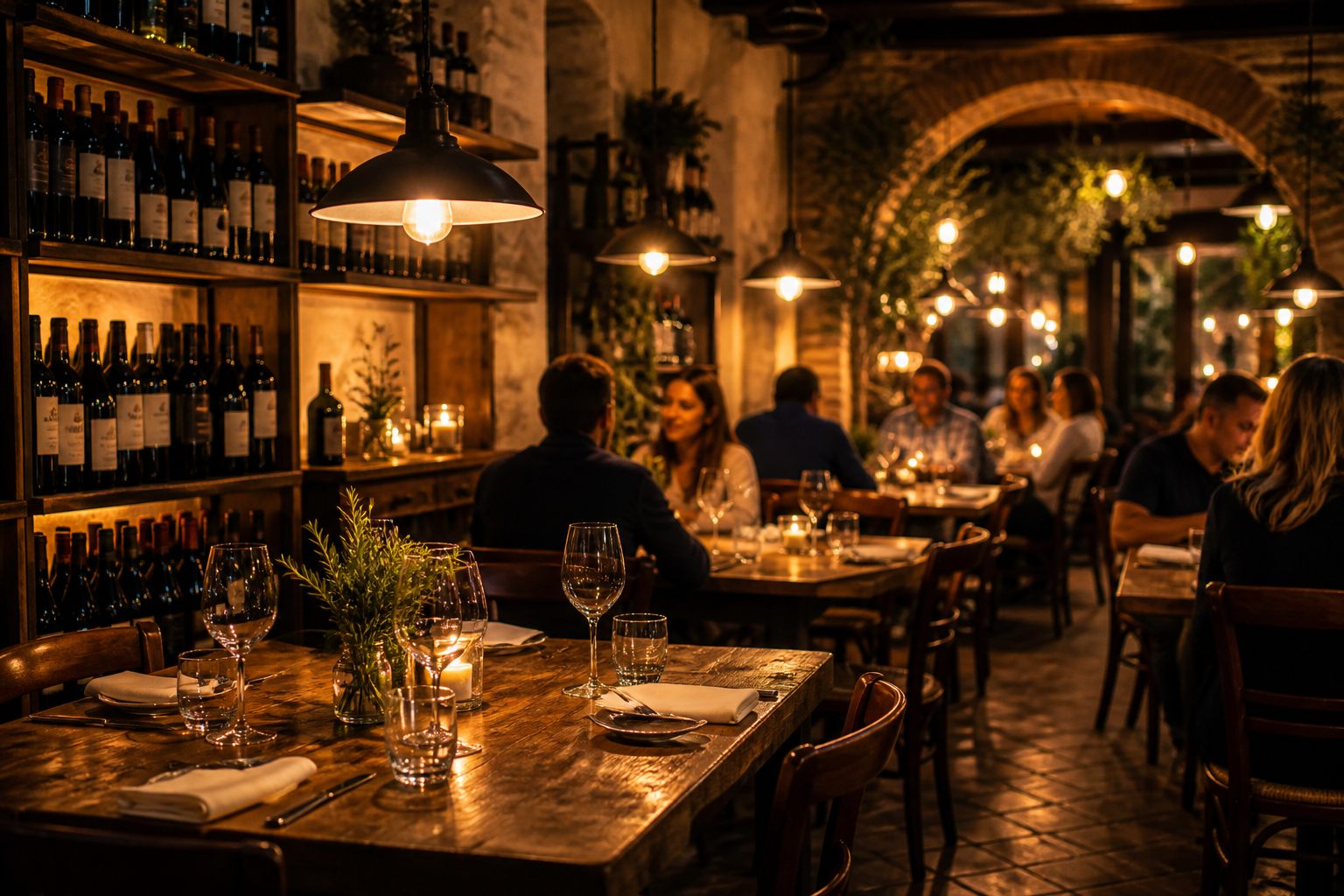 夕暮れどき、あたたかな灯りのともるTrattoria Lumeの店内