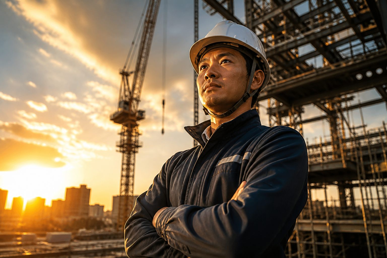夕暮れの建設現場で図面を確認する作業員たち