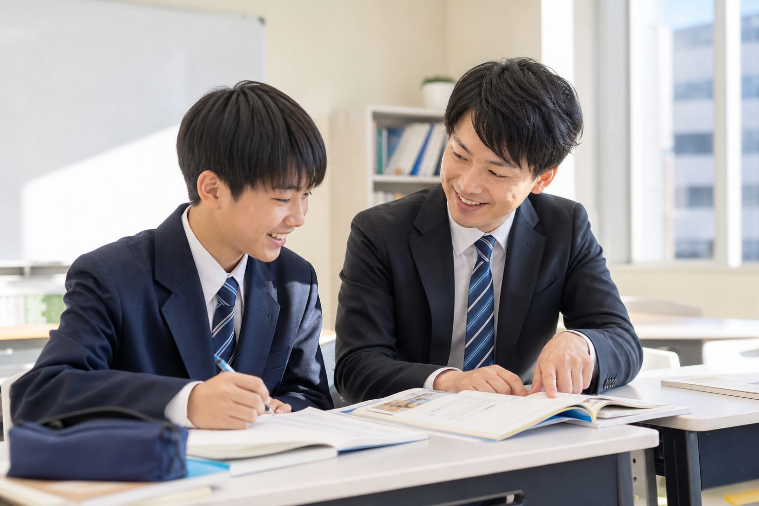 講師が生徒の手元をのぞき込み、ノートを指さしながら解き方を確認している個別指導のようす