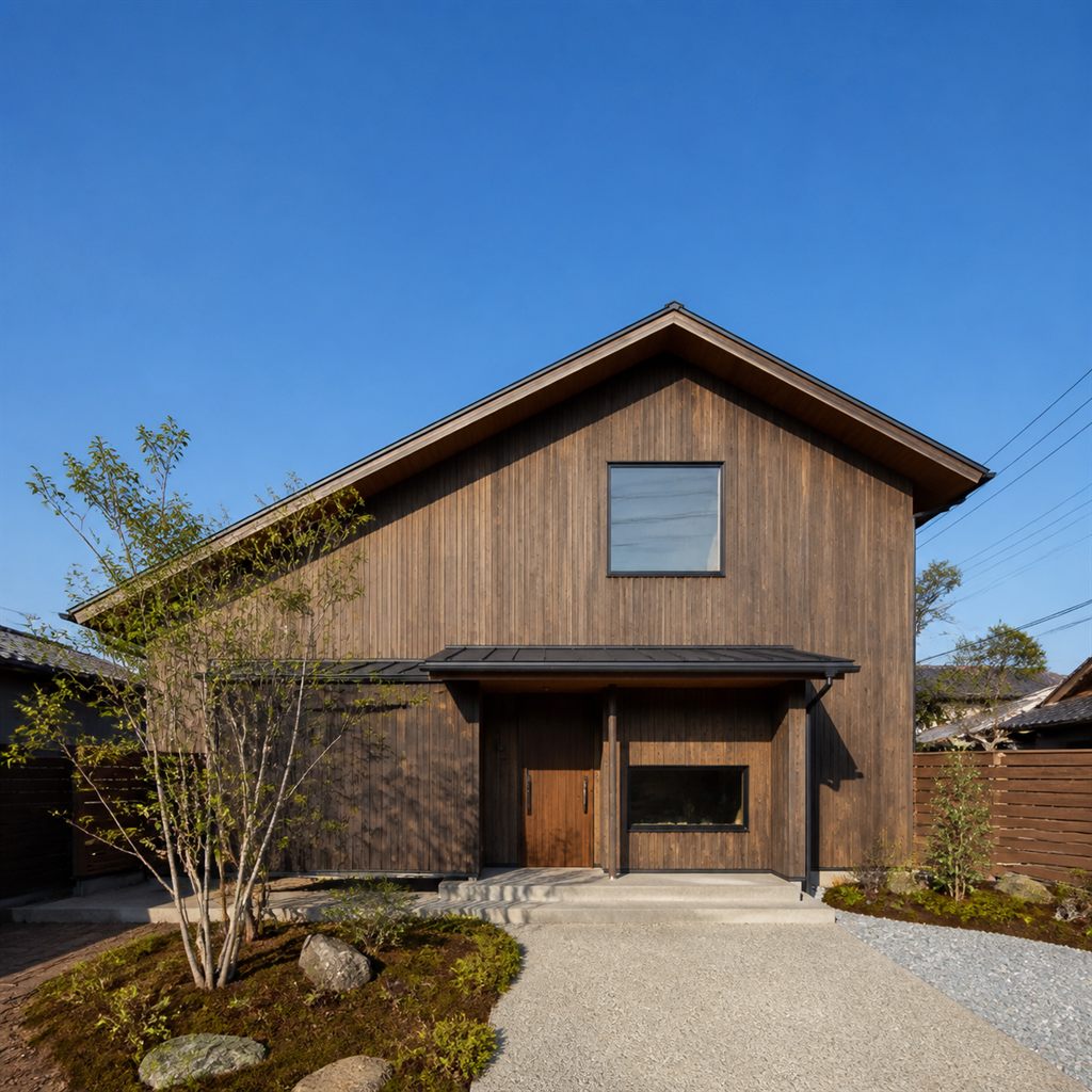 杉板張りの外壁と勾配の大きな三角屋根が印象的な住宅の外観