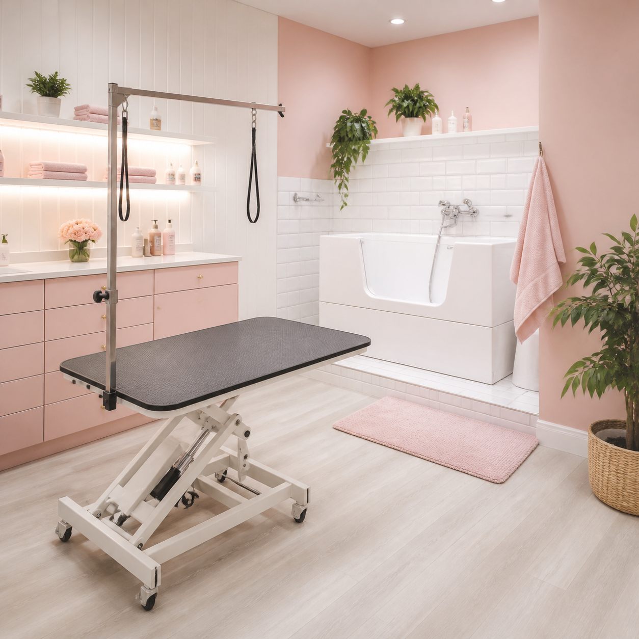 白とピンクベージュを基調にした、Pet Salon Cocoの店内