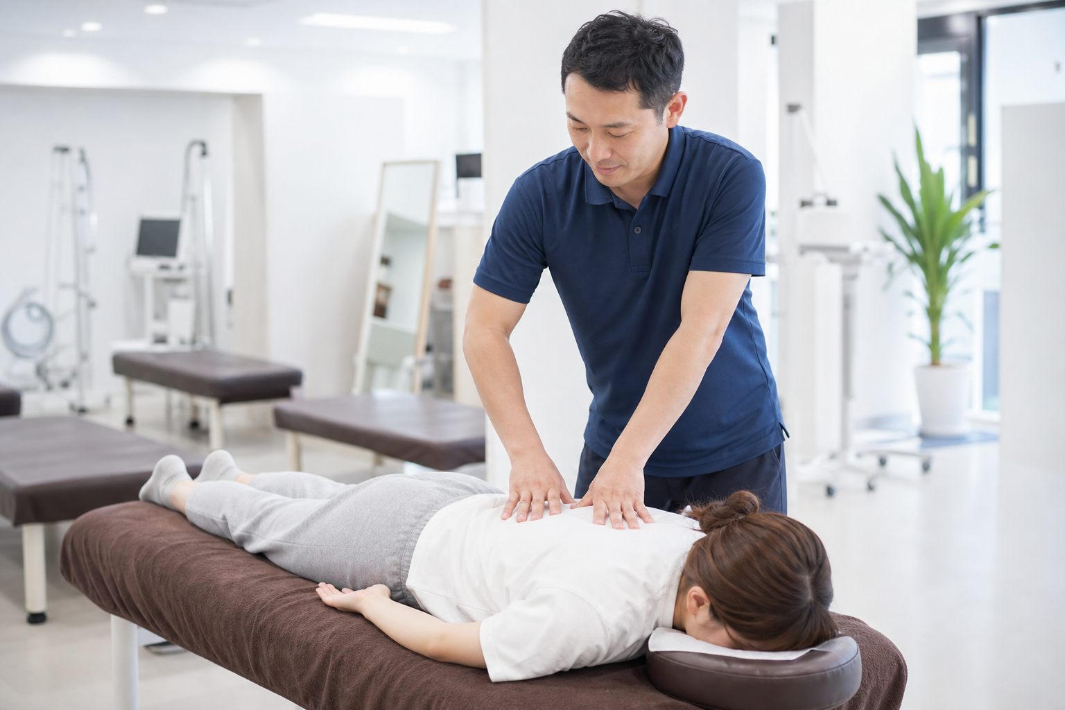 施術ベッドで患者の腰に手技をおこなう柔道整復師