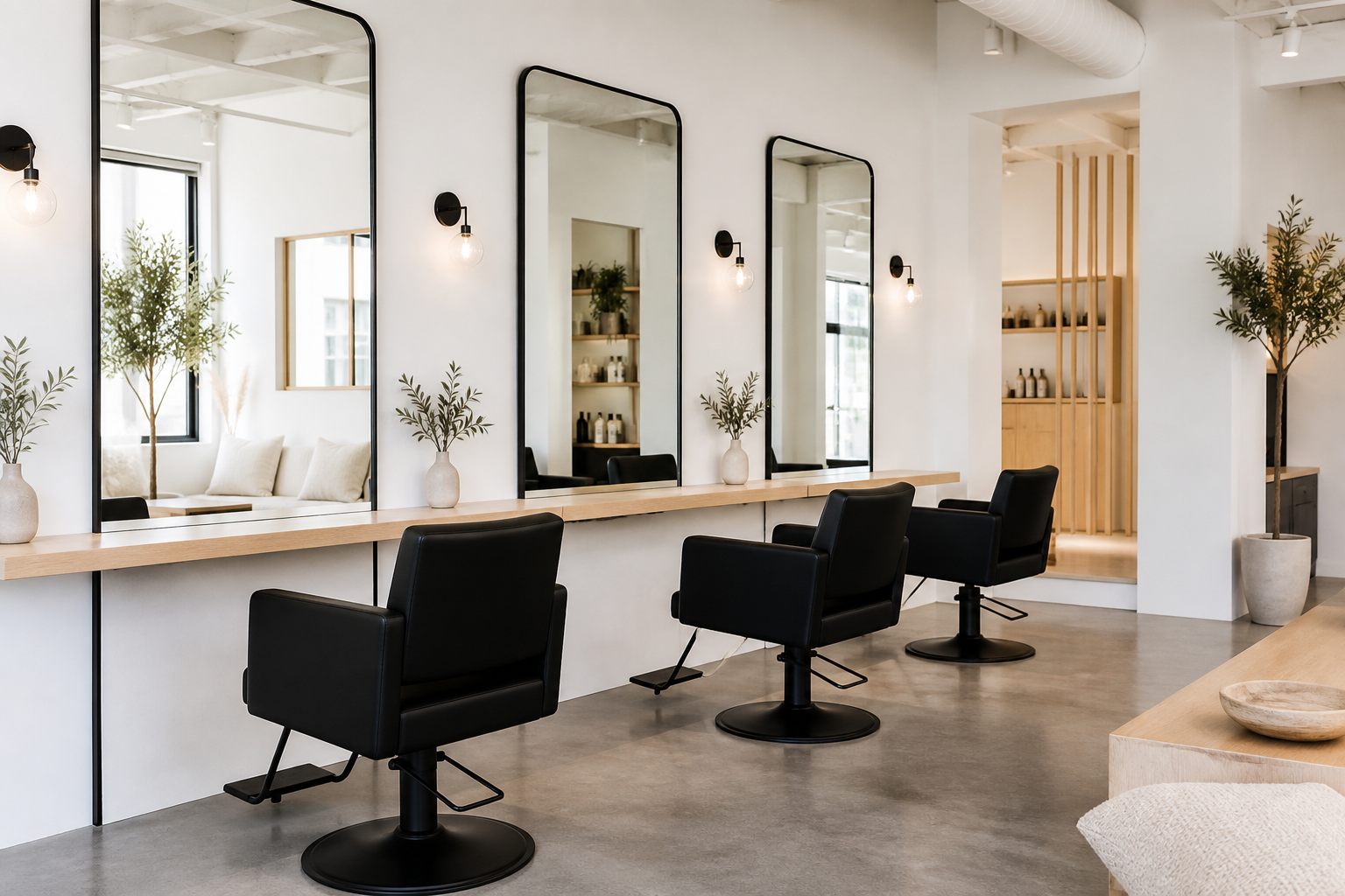 白壁と木のカウンターが並ぶ、hair atelier SOUのミニマルな店内