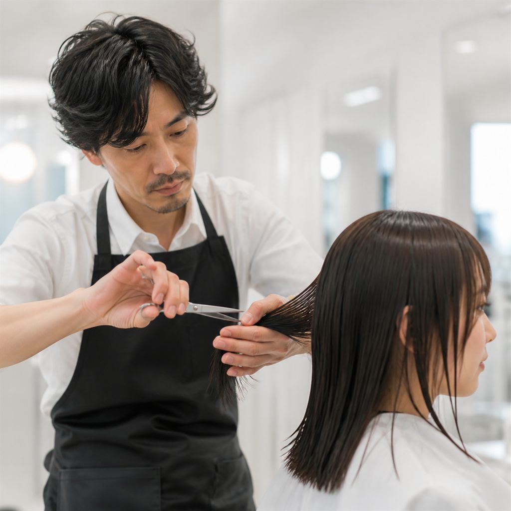 鏡の前でお客様の髪をカットするスタイリスト