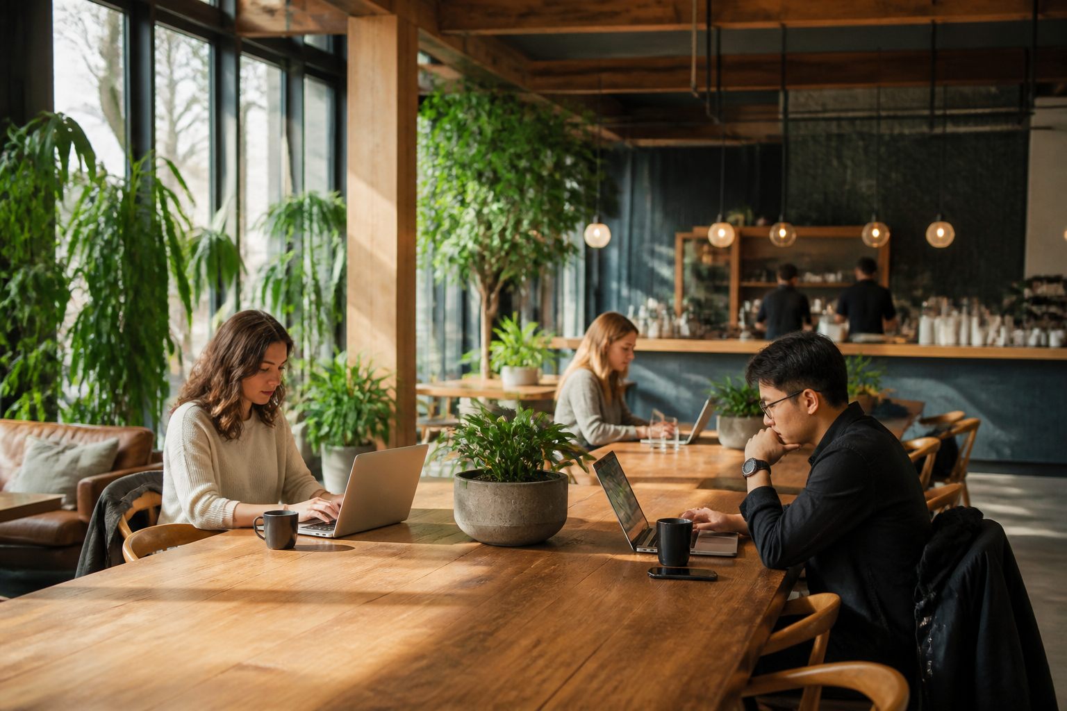 木の温もりと緑に包まれたTSUMUGI WORK LOUNGEのラウンジ全景
