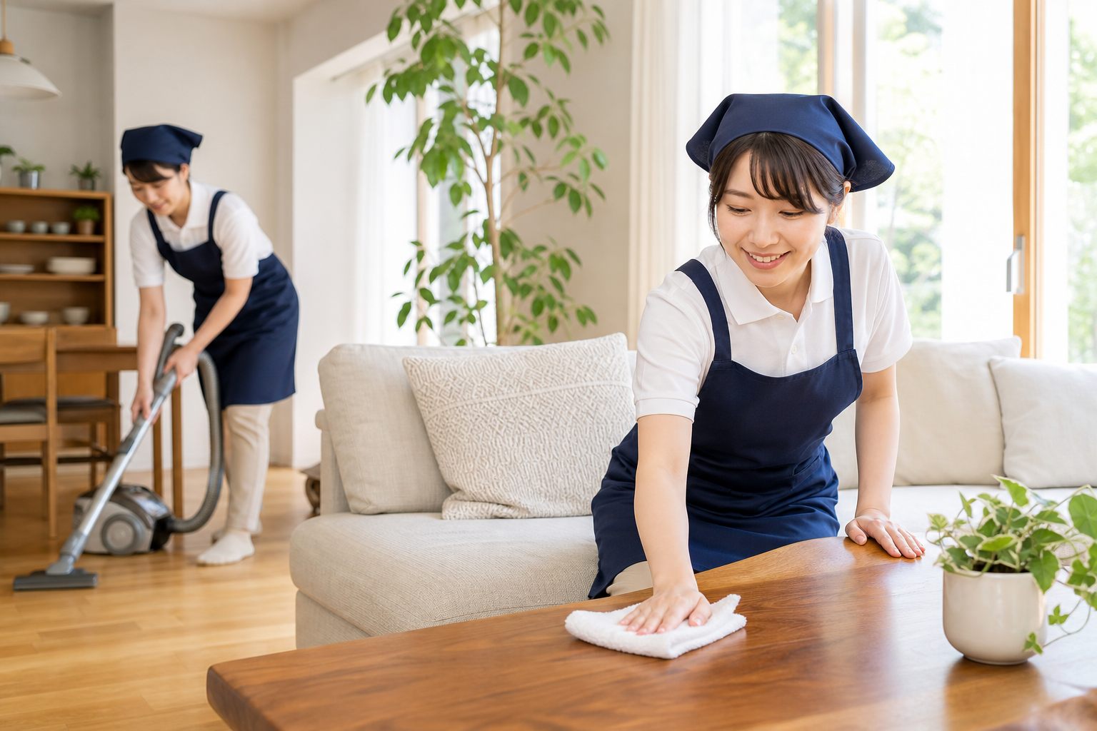 明るいリビングで笑顔で掃除をする、くらしサポートあんずのスタッフ