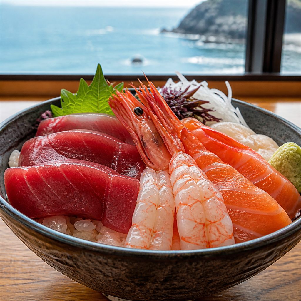 市場食堂の海鮮丼。艶のある十二種の刺身がどんぶりいっぱいに盛られている