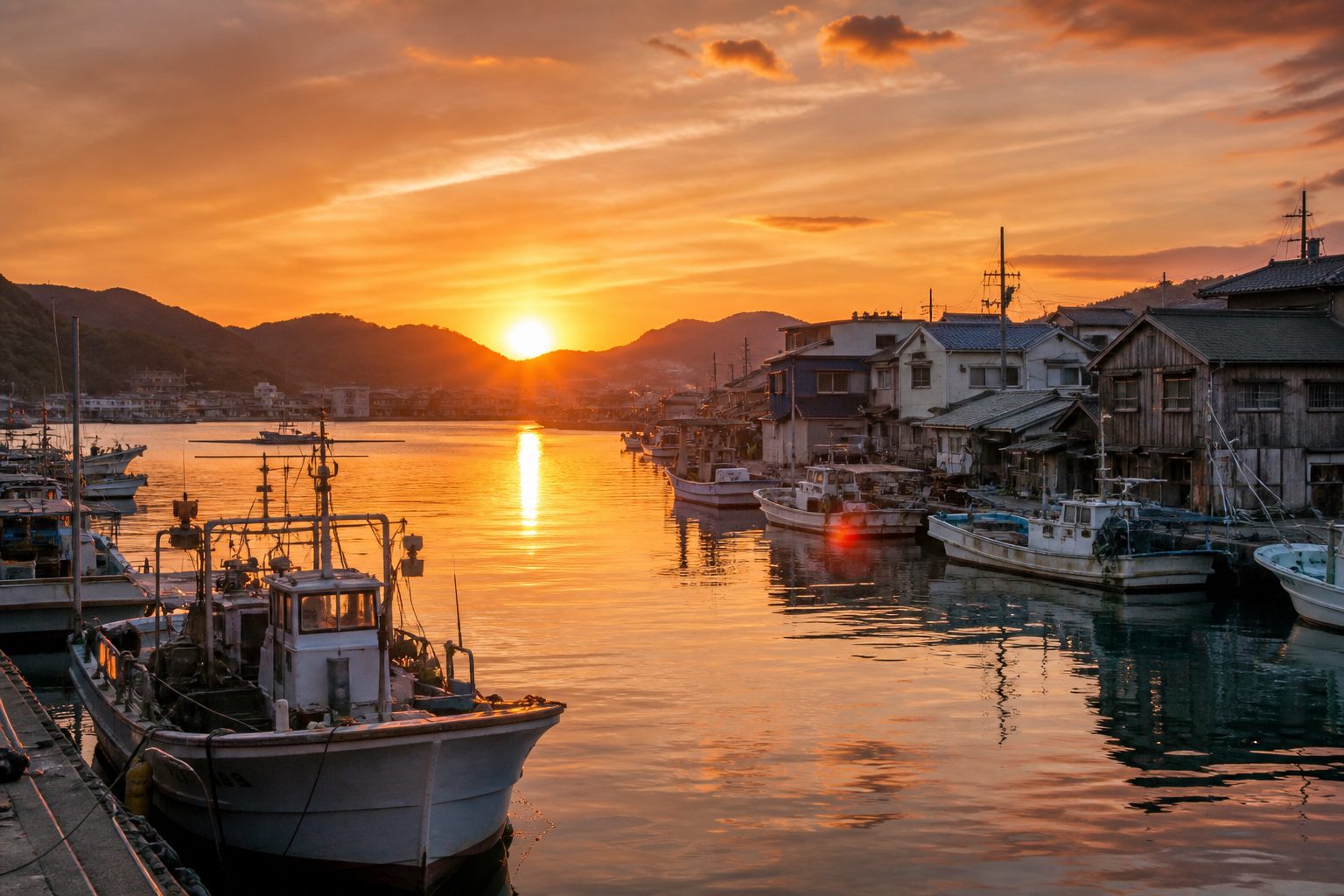 夕暮れの港町。茜色に染まる空の下、防波堤と白灯台のシルエットが海に伸びる