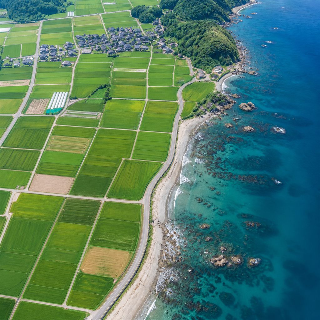 ドローンで撮影した圃場と河川の空撮風景