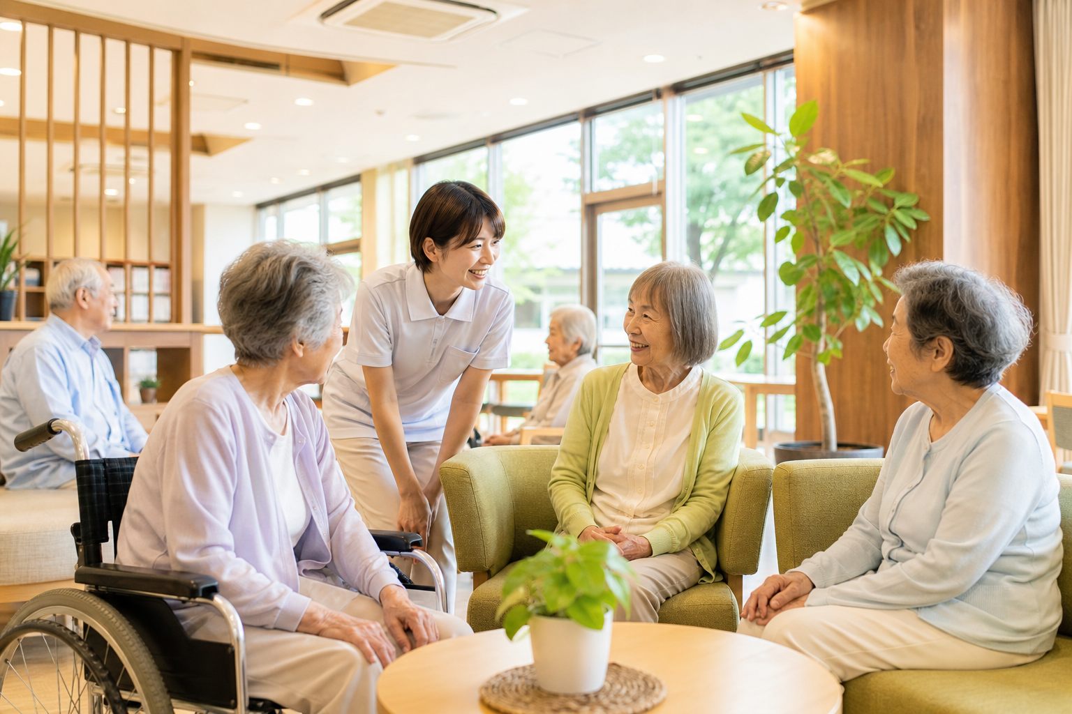 大きな窓から明るい光が差し込む、やすらぎの郷の談話室