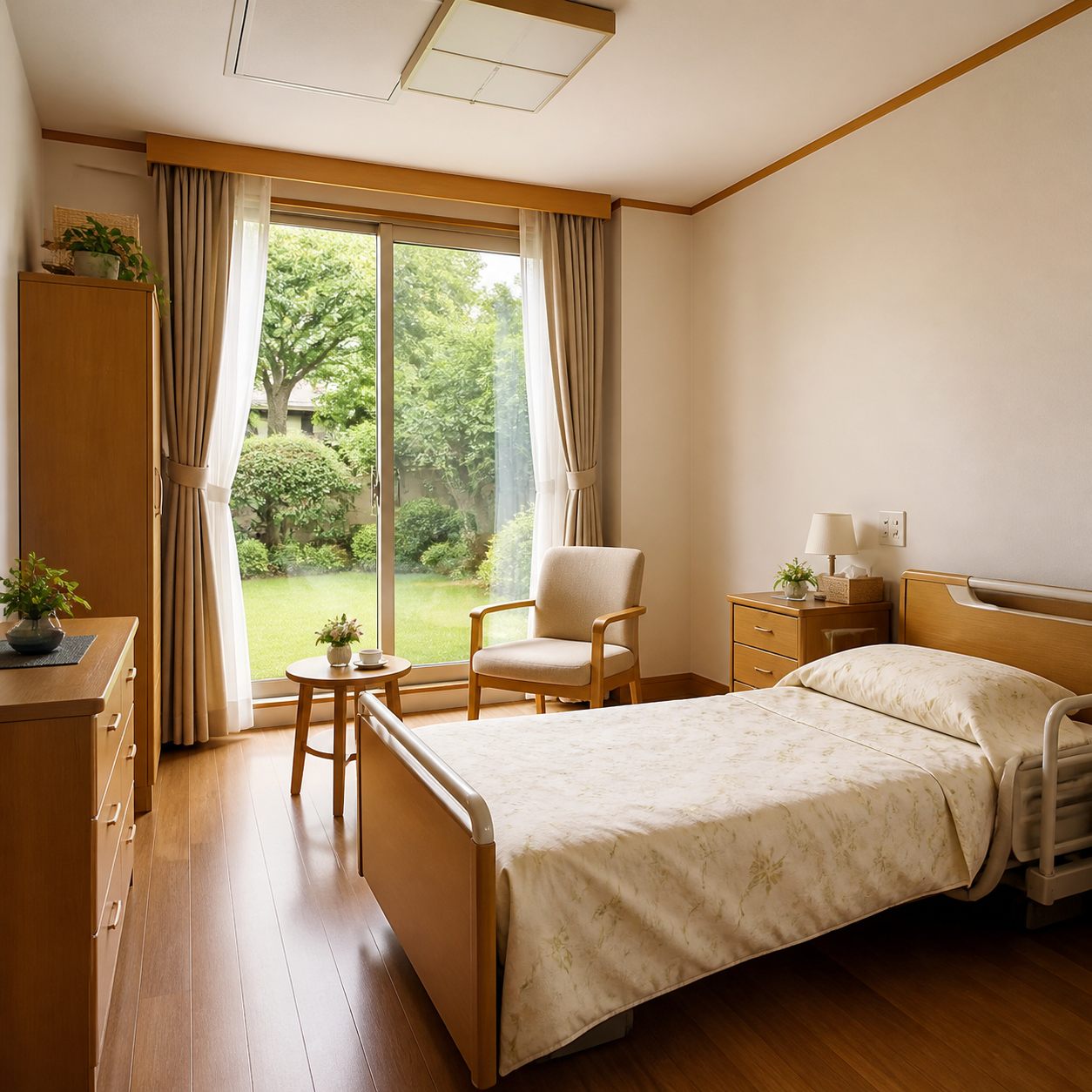木の温もりを感じる居室。窓辺に椅子と電動介護ベッドを備えた個室