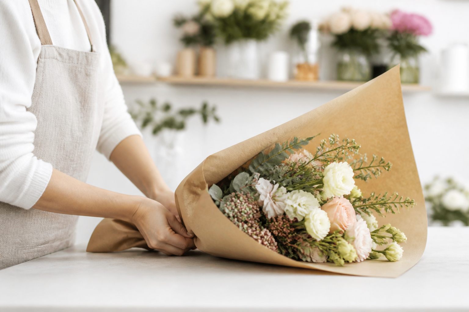 作業台で季節の花束を束ねる店主の手元