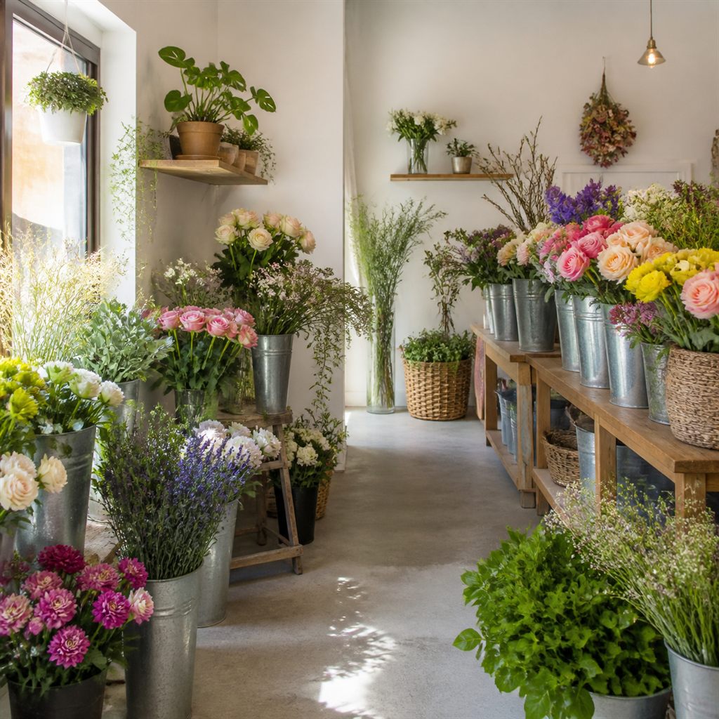 白い壁と古材の棚に季節の花が並ぶ店内