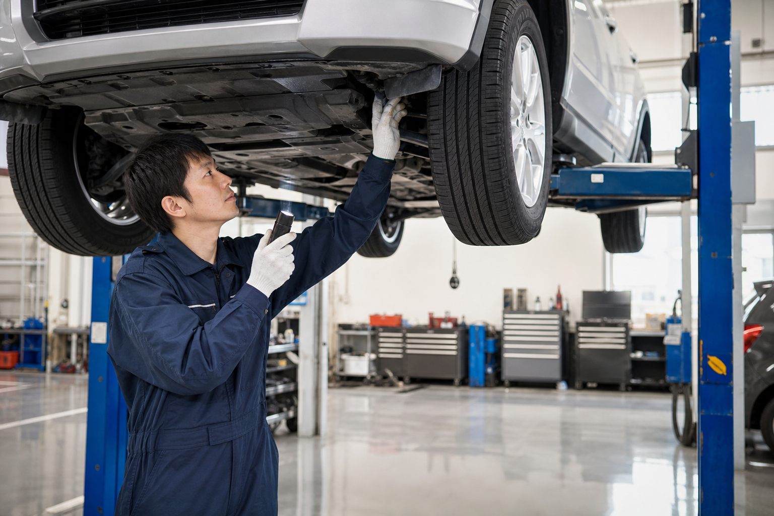 リフトアップした車両の足回りを点検する整備士